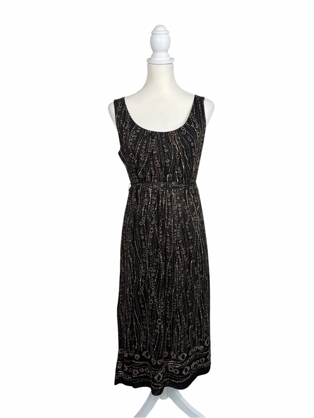212 Collection Black Tan Printed Sleeveless Midi Dress Tie Waist Boho Medium